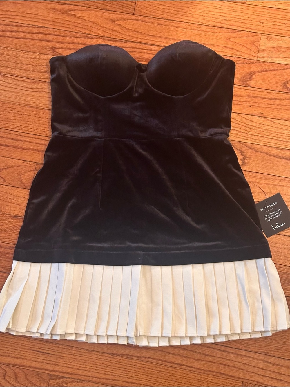 Lulu's Black Strapless Velvet Dress with Ivory Pleated Hem
